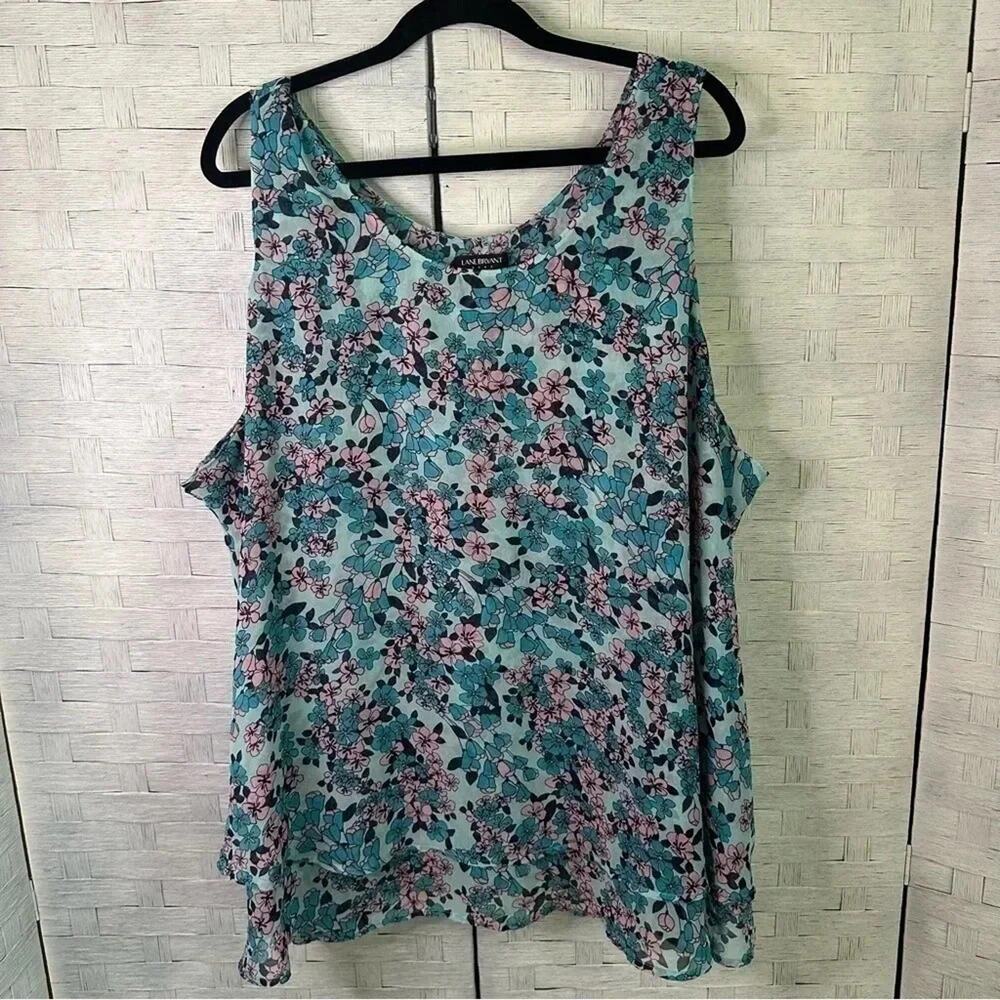 Lane Bryant Sleeveless Blouse floral tunic, blouse, pink & blue feminine ruffles